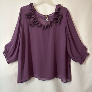 Avenue Purple Ruffled Boxy Blouse with 3/4 Sleeves